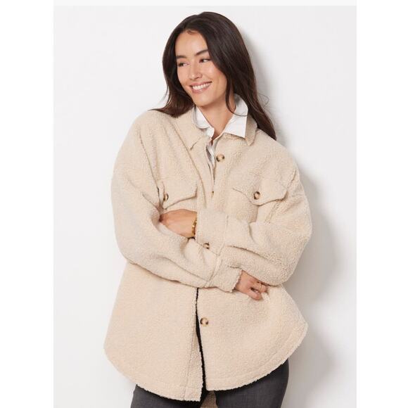 Good American NEW Size Large XL Button Front Sand Color Sherpa Jacket Shacket - Picture 3 of 9